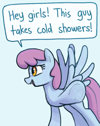 Size: 601x759 | Tagged: safe, artist:backgroundmares, imported from derpibooru, cloud showers, pegasus, pony, blue background, cyan background, female, mare, mocking, offscreen character, offscreen female, open mouth, open smile, pointing at you, simple background, smiling, speech bubble, spread wings, text, underhoof, wings
