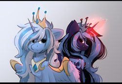 Size: 1752x1202 | Tagged: safe, artist:little-sketches, oc, oc only, oc:mour anniette, alicorn, alicorn oc, armor, blaze (coat marking), cheek fluff, chest fluff, crown, duo, ear fluff, eye clipping through hair, eyebrows visible through hair, fangs, female, floppy ears, glowing eyes, glowing horn, gradient background, horn, jewelry, looking back, magic, mare, nightmare version, partially open wings, pegasus wings, regalia, sitting, smiling, snaggletooth, sparkly mane, unicorn horn, wing armor, wings