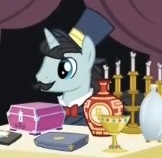 Size: 162x158 | Tagged: safe, imported from derpibooru, screencap, top notch, pony, unicorn, blue eyes, bowtie, candelabra, chest, curtains, facial hair, goblet, hat, horn, jar, lowres, male, moustache, my little pony, picture for breezies, solo, stallion, top hat, trade ya!