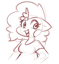 Size: 823x887 | Tagged: safe, artist:zutcha, imported from derpibooru, pinkie pie, anthro, earth pony, breasts, bust, busty pinkie pie, floppy ears, monochrome, open mouth, open smile, simple background, sketch, smiling, solo, white background