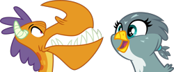 Size: 9610x4000 | Tagged: safe, alternate version, artist:dashiesparkle, artist:melisareb, edit, imported from derpibooru, vector edit, gabby, dragon, griffon, sweet and smoky, the fault in our cutie marks, .svg available, absurd resolution, billy, bust, crack shipping, duo, duo male and female, female, gally, implied kissing, inkscape, interspecies, male, my little pony, portrait, shipping, shrunken pupils, simple background, straight, surprised, teeth, transparent background, vector