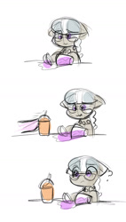 Size: 948x1664 | Tagged: safe, artist:zutcha, imported from derpibooru, diamond tiara, silver spoon, earth pony, pony, comic, drink, duo, duo female, female, filly, floppy ears, foal, offscreen character, question mark, sad, simple background, sketch, solo focus, spilled drink, wavy mouth, white background