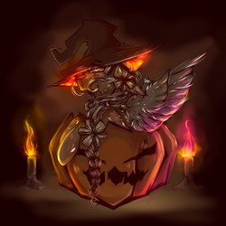 Size: 3356x3356 | Tagged: safe, artist:goodnight, imported from derpibooru, oc, oc only, pegasus, pony, braid, candle, female, halloween, hat, holiday, jack-o-lantern, mare, pumpkin, solo, spread wings, wings, witch hat