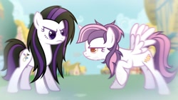 Size: 1280x717 | Tagged: safe, artist:ponycannibal, imported from derpibooru, oc, oc only, oc:sonya, oc:sweetieck dreams, alicorn, earth pony, pony, butt, colored hooves, cute, duo, eyelashes, female, filly, foal, hooves, horn, mare, not sweetie belle, orange eyes, outdoors, plot, tail, two toned mane, two toned tail, unicorn horn