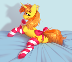 Size: 2313x2000 | Tagged: safe, artist:starlyfly, imported from derpibooru, oc, oc only, pony, unicorn, blushing, bow, butt, clothes, cute, female, horn, mare, plot, socks, solo, striped socks, tail, tail bow