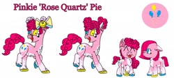 Size: 1920x861 | Tagged: safe, artist:xxduncandonutxx, imported from derpibooru, pinkamena diane pie, pinkie pie, earth pony, pony, afro puffs, band-aid on nose, bandaid, bow, chest fluff, female, filly, filly pinkie pie, foal, hair bow, heterochromia, pac-man eyes, redesign, reference sheet, solo, unshorn fetlocks, younger