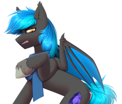Size: 2313x1958 | Tagged: safe, artist:starlyfly, imported from derpibooru, oc, oc only, bat pony, claws, clothes, fangs, gray background, male, scarf, simple background, slit pupils, solo, stallion, unshorn fetlocks, wing claws, wings