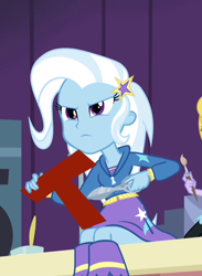 Size: 522x714 | Tagged: safe, imported from derpibooru, screencap, trixie, equestria girls, scissors, sitting, solo, t