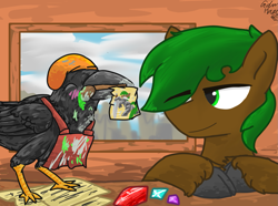Size: 1449x1080 | Tagged: safe, imported from derpibooru, oc, bird, crow, earth pony, pony, a quiet rune scribe