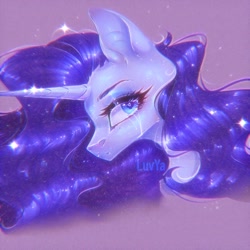 Size: 1330x1330 | Tagged: safe, artist:luvyayt, imported from derpibooru, rarity, pony, unicorn, blue eyes, blue mane, bust, crying, curly mane, digital art, ethereal mane, eyelashes, eyeshadow, female, flowing mane, horn, looking at you, makeup, mare, pink background, portrait, sad, signature, simple background, solo, sparkles, starry mane, stars, teary eyes