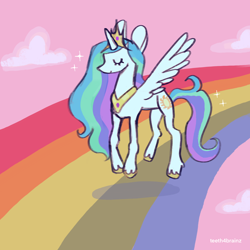Size: 2048x2048 | Tagged: safe, artist:webzplace, imported from derpibooru, princess celestia, alicorn, pony, big ears, closed mouth, cloud, colored hooves, crown, eyes closed, feathered wings, female, flying, full body, gold hooves, high res, hooves, horn, jewelry, mare, outdoors, peytral, pink sky, rainbow, regalia, round ears, side view, signature, sky, smiling, solo, sparkles, thin legs, unshorn fetlocks, wings