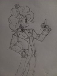 Size: 3456x4608 | Tagged: safe, artist:xbox14, imported from derpibooru, pinkie pie, anthro, pony, animatronic, clothes, colored eye, female, five nights at freddy's, five nights at pinkie's, hat, microphone, pencil drawing, solo, traditional art
