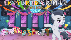 Size: 2064x1163 | Tagged: safe, artist:not-yet-a-brony, artist:sollace, imported from derpibooru, apple bloom, babs seed, button mash, chipcutter, diamond tiara, pipsqueak, rumble, scootaloo, silver spoon, snails, snips, sweetie belle, earth pony, pegasus, unicorn, 2025, actor allusion, birthday, birthday party, colt, dancing, female, filly, foal, happy birthday, horn, lyrics in the description, male, may, party, song in the description, song reference, vincent tong, youtube link in the description