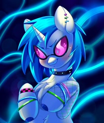 Size: 1561x1852 | Tagged: safe, artist:murimio, imported from derpibooru, dj pon-3, vinyl scratch, pony, unicorn, abstract background, blushing, chest fluff, choker, ear piercing, earring, female, fishnet clothing, glasses, horn, jewelry, mare, piercing, smiling, solo, studded choker, vinyl's glasses, wristband