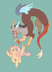Size: 1488x2048 | Tagged: safe, artist:diavalkitty, imported from derpibooru, discord, fluttershy, draconequus, pegasus, pony, blush scribble, blushing, closed mouth, discoshy, duo, duo male and female, eye contact, eyebrows, fangs, feathered wings, female, flying, full body, grin, hatching (technique), looking at each other, looking at someone, looking up, male, mare, paws, shipping, signature, simple background, smiling, smiling at each other, spread wings, straight, teal background, three quarter view, underpaw, wings