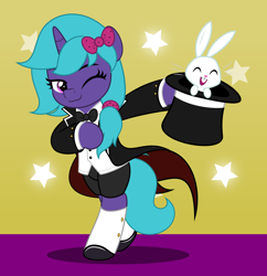 Size: 4838x5000 | Tagged: safe, artist:jhayarr23, imported from derpibooru, oc, oc only, oc:lilac tart, rabbit, unicorn, animal, bow, clothes, commission, female, hair bow, hair tie, horn, looking at you, magic show, mare, one eye closed, ponytail, simple background, smiling, solo, solo female, stars, tuxedo, unicorn oc, wink, ych result