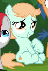 Size: 177x263 | Tagged: safe, imported from derpibooru, screencap, first base, peach fuzz, earth pony, pony, twilight time, bedroom eyes, colt, cropped, cute, diapeaches, female, filly, foal, grin, male, my little pony, offscreen character, outdoors, raised hoof, sitting, smiling, solo focus, train tracks (g4)