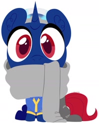 Size: 1380x1733 | Tagged: safe, artist:fizzlefer, imported from derpibooru, oc, oc only, oc:bit shift, cyborg, pony, unicorn, blue coat, brain, clothes, commission, ear fluff, horn, jumpsuit, looking at you, organs, red eyes, scarf, simple background, solo, vault suit, white background, ych result