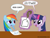 Size: 940x708 | Tagged: safe, edit, rainbow dash, twilight sparkle, pony, unicorn, 2011, english, female, horn, magic, mare, open mouth, speech bubble, text