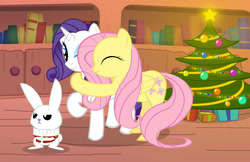 Size: 900x583 | Tagged: safe, artist:gign-3208, imported from derpibooru, angel bunny, fluttershy, rarity, pegasus, pony, rabbit, unicorn, 2012, angel bunny is not amused, animal, book, christmas, christmas tree, cute, eyes closed, female, flarity, holiday, horn, hug, lesbian, male, mare, one eye closed, present, raised hoof, raribetes, shipping, shyabetes, tree, unamused, wink