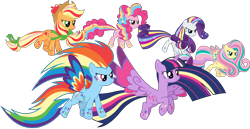 Size: 14586x7504 | Tagged: safe, imported from derpibooru, applejack, fluttershy, pinkie pie, rainbow dash, rarity, twilight sparkle, alicorn, earth pony, pegasus, pony, unicorn, twilight's kingdom, .svg available, apple, bow, colored wings, cowboy hat, ethereal mane, ethereal tail, female, floating, flowing mane, flowing tail, food, gradient wings, group, group shot, hat, horn, long mane, long tail, looking at someone, looking down, mane six, mare, multicolored wings, my little pony, my little pony: twilight's kingdom, official, playdate digital, rainbow power, rainbow power-ified, rainbow wings, simple background, spread wings, stars, svg, tail, transparent background, twilight sparkle (alicorn), vector, wings
