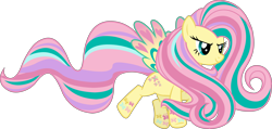 Size: 6851x3255 | Tagged: safe, imported from derpibooru, fluttershy, pegasus, pony, twilight's kingdom, .svg available, colored wings, ethereal mane, ethereal tail, female, floating, flowing mane, flowing tail, gradient wings, long mane, long tail, looking at someone, looking down, mare, multicolored wings, my little pony, my little pony: twilight's kingdom, official, playdate digital, rainbow power, rainbow power-ified, rainbow wings, simple background, solo, spread wings, svg, tail, transparent background, vector, wings