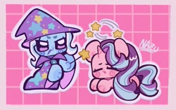 Size: 1115x698 | Tagged: safe, artist:nazu_508, imported from derpibooru, starlight glimmer, trixie, semi-anthro, unicorn, abstract background, cape, clothes, duo, female, hat, horn, lying down, prone, trixie's cape, trixie's hat