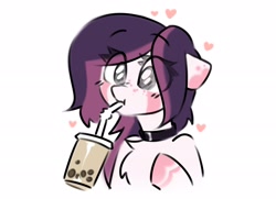 Size: 2538x1839 | Tagged: safe, artist:starlyfly, oc, oc only, oc:violet, pegasus, boba tea, chest fluff, choker, colored eartips, drink, drinking, eye clipping through hair, eye shimmer, eyebrows visible through hair, facial markings, female, floating heart, floppy ears, freckles, gray background, heart, mare, pegasus oc, raised eyebrows, raised hoof, scrunchie, simple background, socks (coat markings), solo, straw, upper body, wide eyes, wings