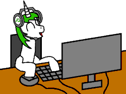 Size: 960x720 | Tagged: safe, artist:lonstecation, imported from derpibooru, oc, oc only, oc:lonstecation, mouse, pony, unicorn, animated, cables, chair, computer, desk, gif, happy, headphones, horn, keyboard, male, open mouth, open smile, pc, screen, smiling, solo, stallion, table