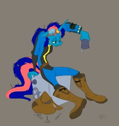 Size: 1888x2000 | Tagged: safe, artist:brdte, imported from derpibooru, oc, oc only, oc:ryo, anthro, earth pony, plantigrade anthro, unicorn, fallout equestria, band-aid on nose, bandaid, bobby pin, boots, brown background, clothes, commission, cowboy boots, female, floppy ears, frown, goggles, goggles on head, horn, pipbuck, sad, safe (object), shoes, simple background, solo