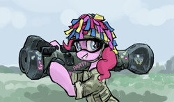 Size: 680x400 | Tagged: safe, artist:plunger, imported from derpibooru, pinkie pie, earth pony, pony, army helmet, clothes, confetti, female, goggles, grin, helmet, mare, outdoors, rocket launcher, smiling, solo, uniform, weapon