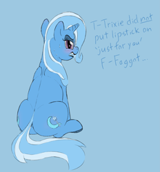 Size: 3299x3561 | Tagged: safe, artist:maranium, imported from derpibooru, trixie, blushing, both cutie marks, butt, embarrassed, lipstick, plot, sitting, solo, vulgar