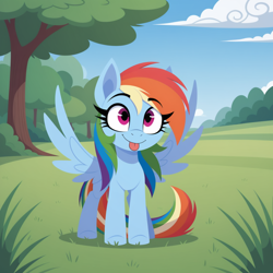 Size: 1024x1024 | Tagged: safe, ai generated, imported from twibooru, rainbow dash, pegasus, pony, :p, eyebrows visible through hair, female, grass, image, lineless, mare, png, prompter:eidolon, smiling, solo, spread wings, tongue out, tree, wings