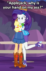 Size: 325x500 | Tagged: safe, edit, edited screencap, imported from derpibooru, screencap, applejack, rarity, human, equestria girls, blushing, caption, cropped, cute, duo, equestria girls specials, female, hug, image macro, implied groping, lesbian, my little pony equestria girls: better together, my little pony equestria girls: rollercoaster of friendship, raribetes, rarijack, shipping, standing, standing on one leg, text