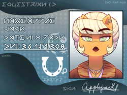 Size: 1103x826 | Tagged: safe, artist:xconito, imported from derpibooru, applejack, anthro, earth pony, alternate hairstyle, alternate universe, bust, clothes, coat, ear piercing, earring, eyeshadow, female, freckles, fur coat, id card, jewelry, lipstick, makeup, necklace, piercing, shirt, solo, written equestrian