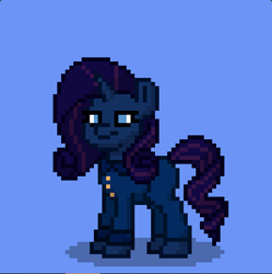 Size: 400x401 | Tagged: safe, imported from derpibooru, rarity, pony, pony town, blue background, charlie and the chocolate factory, color change, rarity is not amused, simple background, unamused, violet beauregarde, willy wonka and the chocolate factory