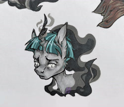 Size: 6144x5280 | Tagged: safe, artist:evelost, imported from derpibooru, stygian, pony, unicorn, shadow play, dissapointment, horn, looking sideways, my little pony, simple background, sketchbook, solo, traditional art