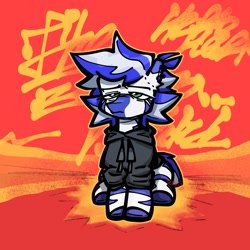 Size: 2048x2048 | Tagged: safe, artist:xtsij, imported from derpibooru, oc, oc only, oc:periwinkle mirtillo, zebra, blue, clothes, female, fluffy mane, front view, green eyes, hoodie, piercing, sad, sitting, striped, striped mane, zebra oc