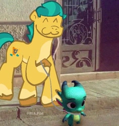 Size: 495x524 | Tagged: safe, artist:ponisencodeina, artist:tellyouruni, imported from derpibooru, hitch trailblazer, dragon, earth pony, pony, 3d, :3, ^^, baby, baby dragon, duo, duo male, eyes closed, g5, leash, male, meme, papa hitch, ponified meme, sparky sparkeroni, stallion