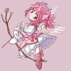 Size: 2048x2048 | Tagged: safe, artist:yuxiangmuer, imported from derpibooru, alicorn, pony, anime, arrow, bow, choker, clothes, dress, female, full body, gloves, madoka kaname, magical girl, mare, pigtails, ponified, puella magi madoka magica, puffy sleeves, shoes, short sleeves, solo, soul gem, spread wings, wings