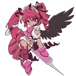 Size: 2048x2048 | Tagged: safe, artist:yuxiangmuer, imported from derpibooru, pegasus, pony, anime, clothes, dress, female, full body, giant syringe, gloves, gushing over magical girls, haruka hanabishi, heart, heart eyes, kneesocks, magia magenta, magical girl, mar, mare, ponified, shoes, simple background, socks, solo, syringe, tongue out, white background, wingding eyes