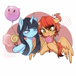 Size: 2048x2048 | Tagged: safe, artist:yuxiangmuer, imported from derpibooru, oc, oc only, earth pony, pegasus, pony, unicorn, balloon, candy, cotton candy, food, horn, licking, lollipop, passepartout, solo, tongue out