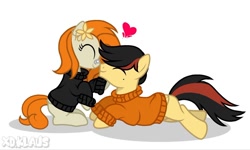 Size: 1280x767 | Tagged: safe, artist:xd.klaus, imported from derpibooru, oc, oc:celestine, oc:klaus, pegasus, clothes, female, heart, male, mare, pair, patch, stallion, sweater