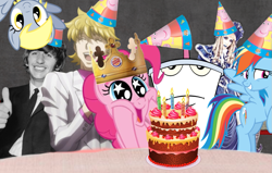 Size: 1171x745 | Tagged: safe, imported from derpibooru, derpy hooves, pinkie pie, rainbow dash, earth pony, human, pegasus, burger king, cake, crown, food, hat, hunter x hunter, jewelry, master shake, my little pony, pariston hill, party hat, peppa pig, regalia, ringo starr