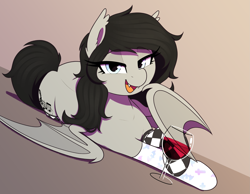 Size: 2247x1742 | Tagged: safe, artist:thebatfang, imported from derpibooru, oc, oc only, oc:boggy, bat, bat pony, pony, alcohol, clothes, lying down, simple background, socks, solo, wine