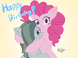 Size: 3644x2731 | Tagged: safe, artist:datzigga, imported from derpibooru, marble pie, pinkie pie, birthday, duo, duo female, female, hug, mare, pie sisters, pie twins, siblings, sisters, twins