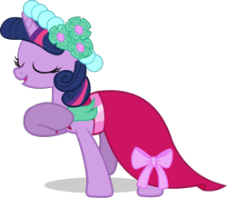 Size: 2377x2072 | Tagged: safe, imported from derpibooru, twilight sparkle, pony, unicorn, a canterlot wedding, .svg available, bridesmaid, bridesmaid dress, bridesmaid twilight, clothes, cute, dj pinkie pie, dress, female, flower, gown, headband, horn, mare, my little pony, official, simple background, solo, stars, svg, transparent background, twiabetes, unicorn twilight, vector