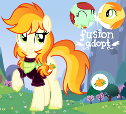Size: 1280x1159 | Tagged: safe, artist:vi45, imported from derpibooru, apple fritter, jonagold, marmalade jalapeno popette, oc, earth pony, apple family member, clothes, female, fusion, fusion:apple fritter, fusion:jonagold, mare, shirt