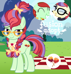 Size: 1280x1331 | Tagged: safe, artist:vi45, imported from derpibooru, apple fritter, moondancer, oc, oc:fruity moony, earth pony, pony, apple family member, female, fusion, fusion:apple fritter, fusion:moondancer, glasses, mare, picnic blanket
