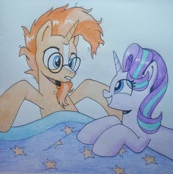 Size: 2140x2160 | Tagged: safe, artist:spartanmora, imported from derpibooru, starlight glimmer, sunburst, pony, unicorn, bed, colored, duo, duo male and female, female, horn, male, traditional art